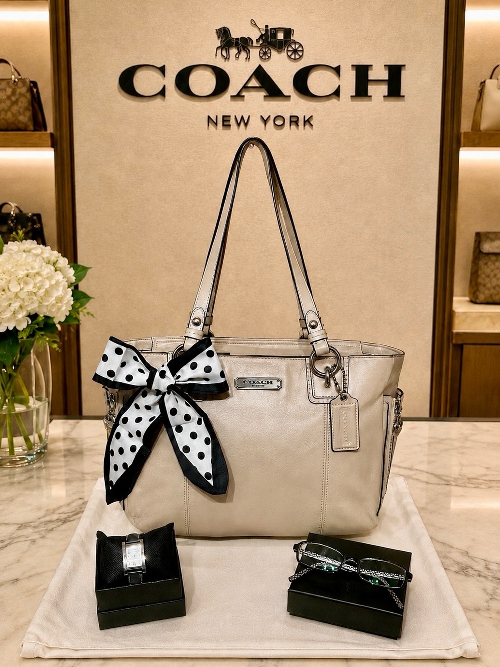 Coach. 5 Piece Set: Gallery Tote & Free Watch, Eyeglasses, Scarf & Dust Bag.